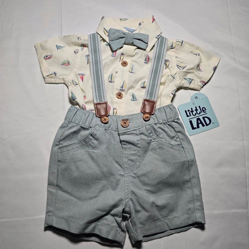 Little Lad Boys Baby Boy 6-9m Sailboat Bodysuit Short Suspenders Bow Tie Set NWT